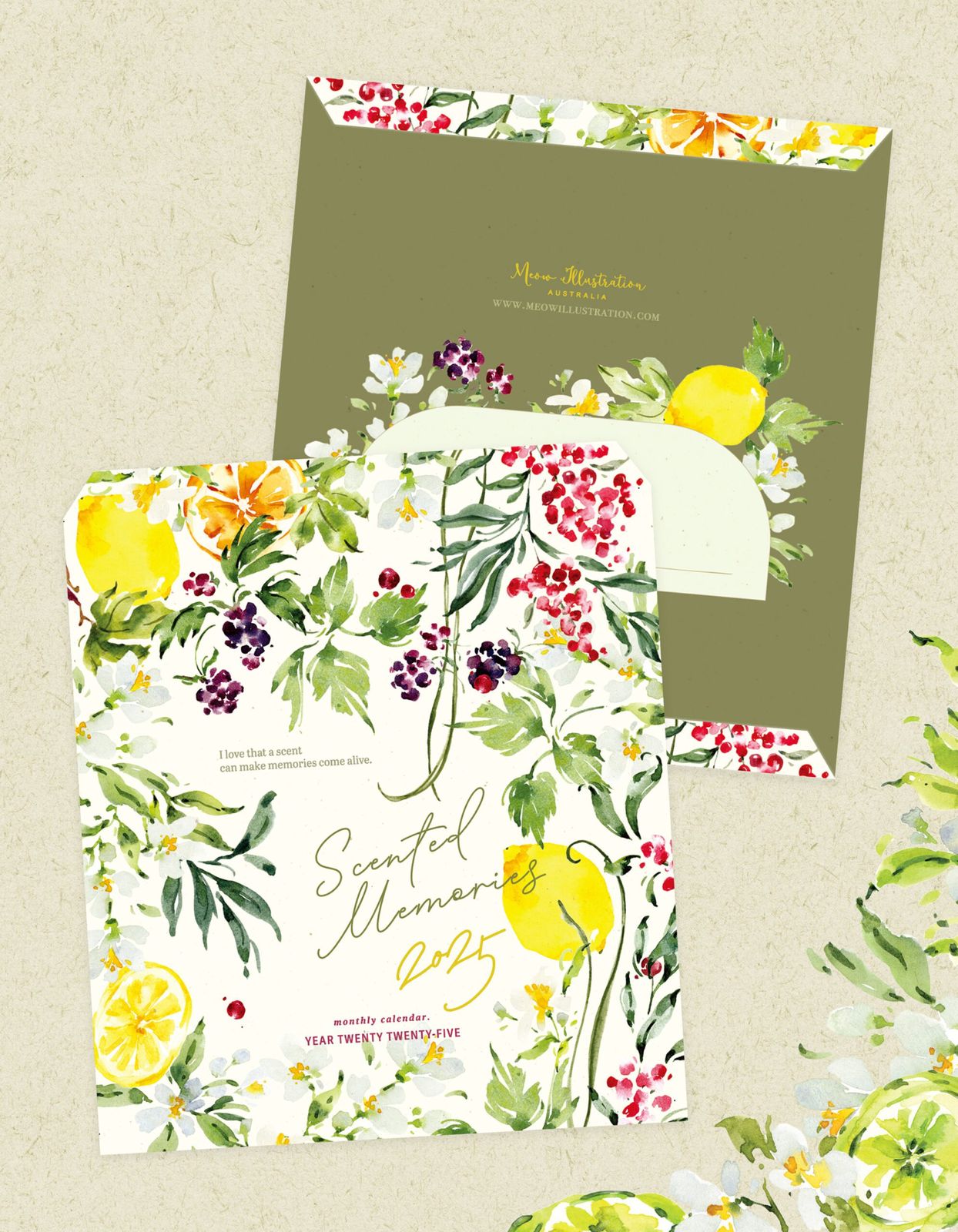 Scented Memories 2025 Calendar with watercolor design and gold foil.