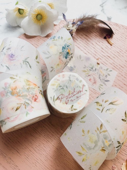 Pinkish Carnival Washitape with floral designs on a wooden surface.