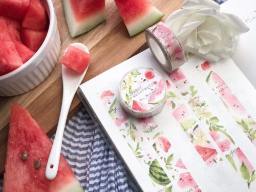 Summer Watermelon Washitape with watermelon slices and floral designs.