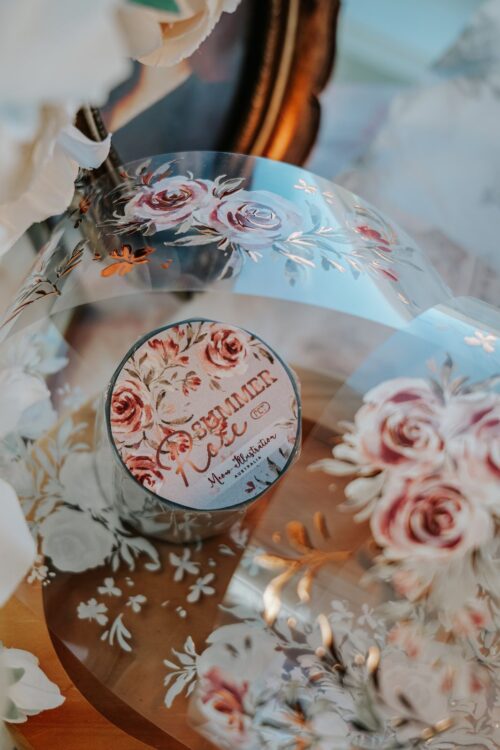 Summer Roses PET tape with bronze gold accents, floral design.