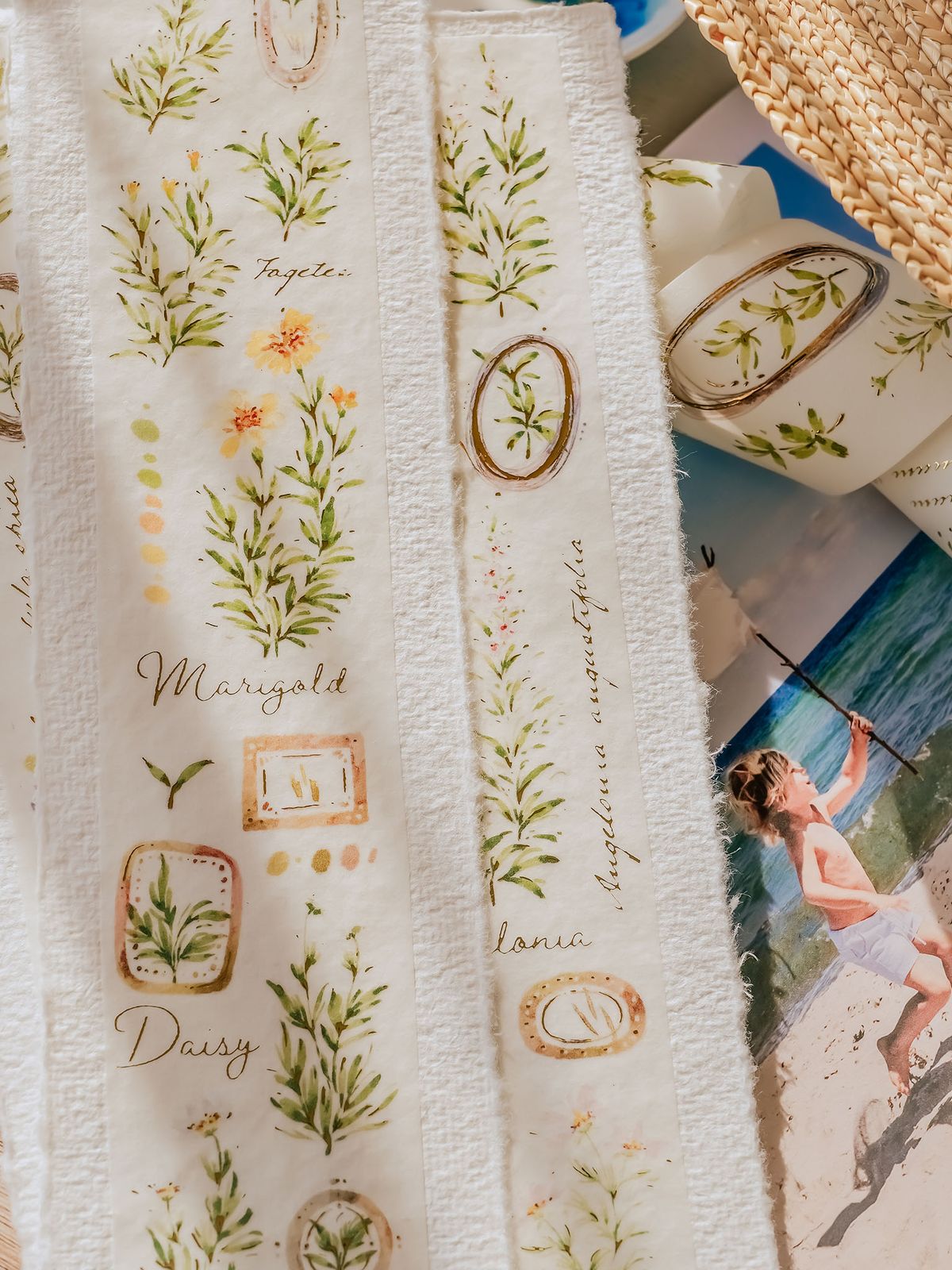 A Year of Blossom Summer Washi Tape with floral design and gold foil.