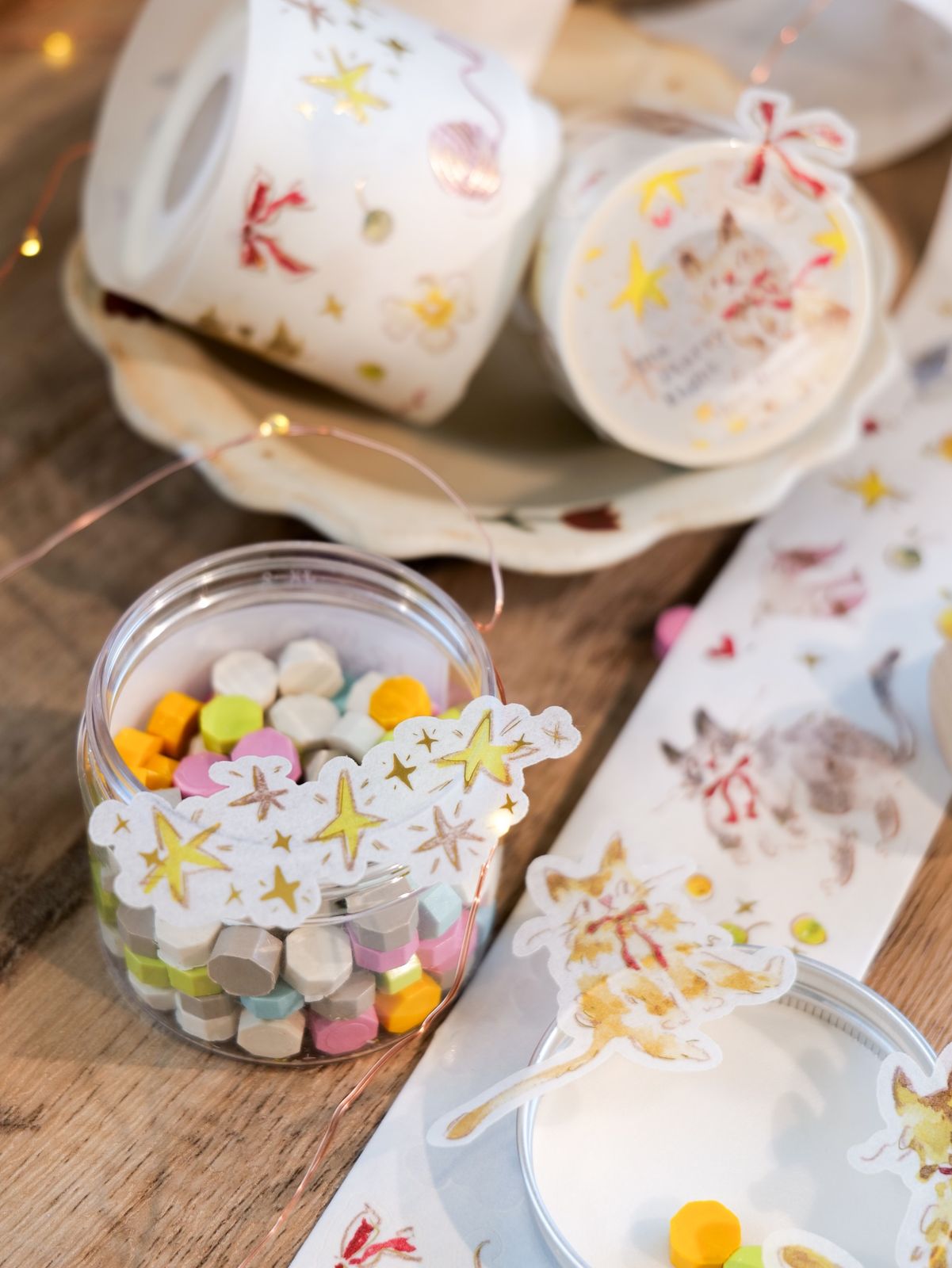 Starry Night Kiss-Cut Washi-tape with matte gold foil and cat design.