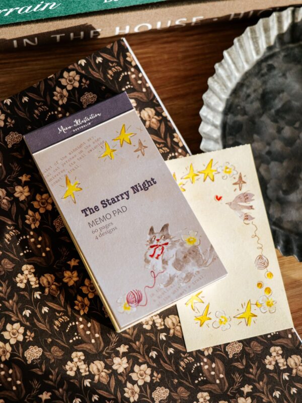 The Starry Night memo pad with cat and stars design, 60 pages.