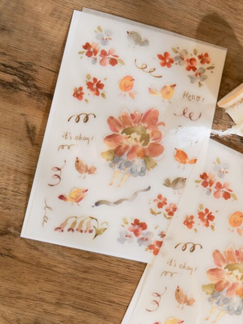 Flower girl transfer stickers featuring Peach Momo and floral designs.