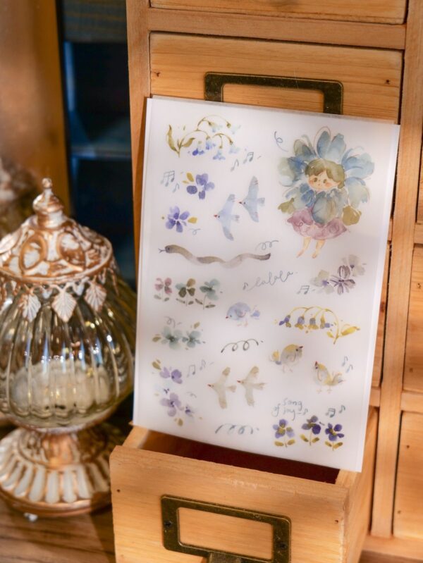 Bamboo flower girl transfer stickers with blue hues and nature themes.
