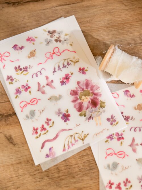 Wisteria Flower Girl transfer stickers with purple petals and a violet snake.