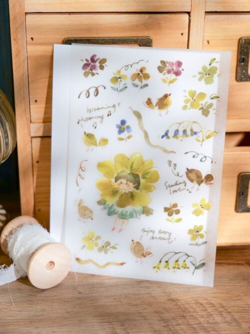 Grass-themed transfer stickers with a flower girl design, ideal for crafting projects.