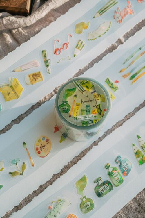 Bunbogu Kisscut Glossy PET tape with iridescent glow and stationery designs.