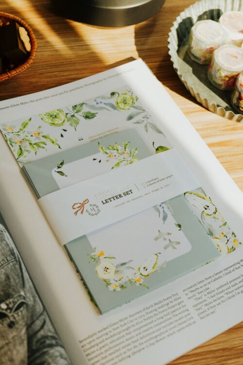 Memories of Blossoms & Fruits Letter Set with watercolor designs and envelopes.