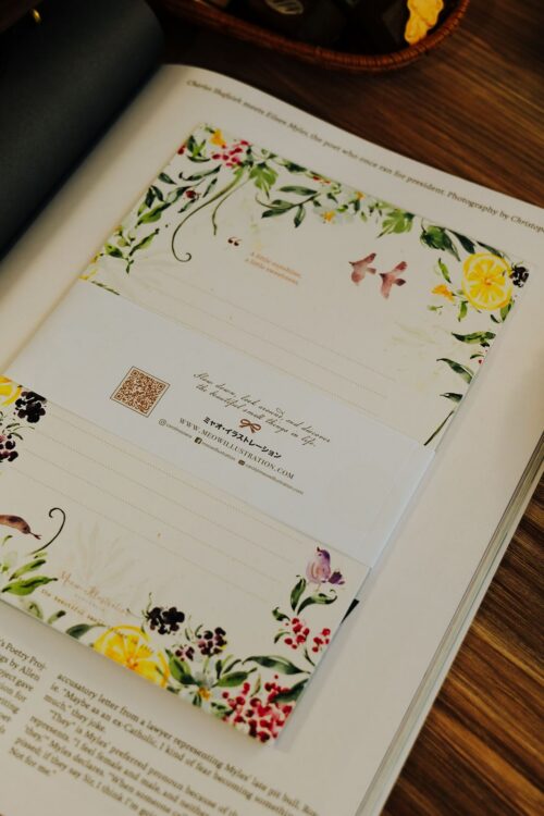 Memories of Blossoms & Fruits Letter Set with watercolor designs and envelopes.|Letter set with watercolor illustrations of blossoms and fruits, includes paper and envelopes.|Memories of Blossoms & Fruits Letter Set with watercolor designs and premium linen paper.|Letter set with watercolor illustrations of blossoms and fruits, includes paper and envelopes.|Letter set with watercolor illustrations of blossoms and fruits on linen paper.|Letter set with watercolor illustrations of blossoms and fruits, includes paper and envelopes.|Letter set with floral and fruit watercolor designs, includes paper and envelopes.|Letter set with floral and fruit watercolor designs on a wooden table.|Memories of Blossoms & Fruits Letter Set with watercolor designs and linen paper.|Letter set with watercolor illustrations of blossoms and fruits, includes paper and envelopes.
