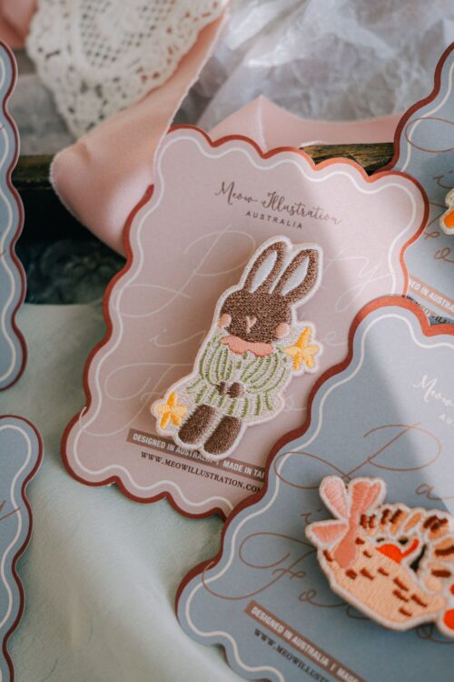 Starlight Circus Bunny embroidered pin with silver backing, 4x5.8 cm.