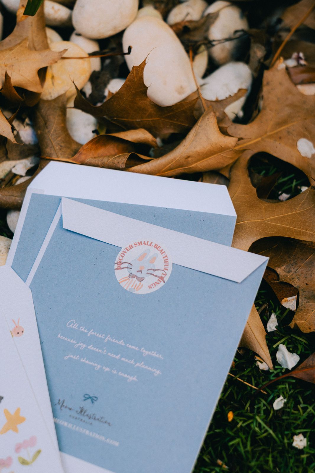 Forest-themed envelope and sticker set with leaves and stones.