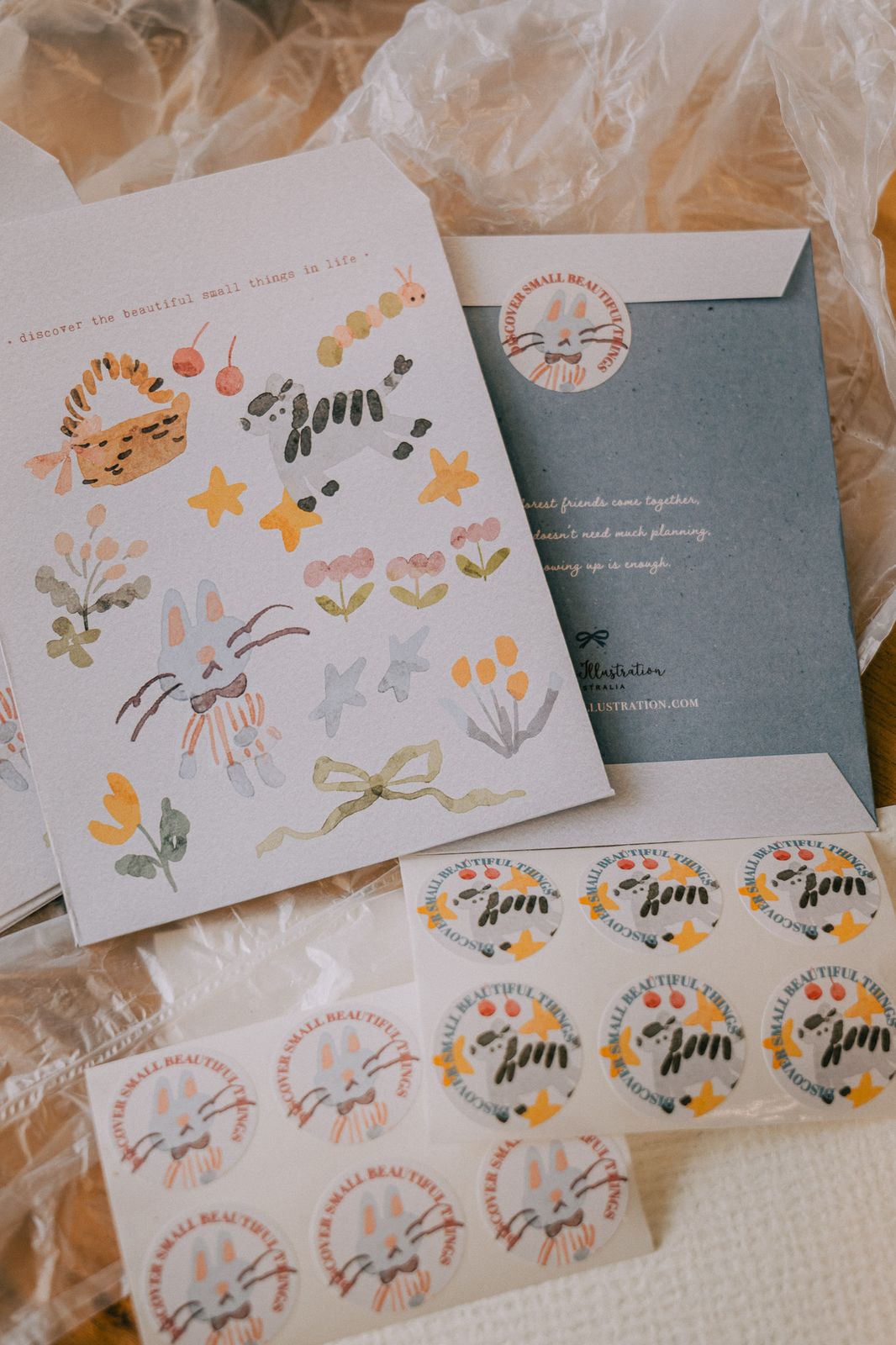 Forest-themed envelope and sticker set with cute animal designs.